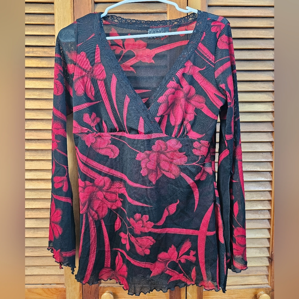 Vintage Moa Moa Sheer Floral Split Sleeve Top | Size XL | Y2K Boho Vibes